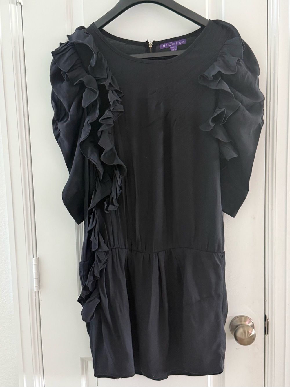 Nicola Black Ruffle Detail Short Sleeve Dress With Back Zipper Closure Size S